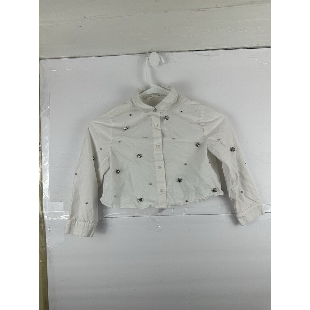 Zara Girls White Cropped Shirt Size 6-7 120cm Rhinestone Flower Detail